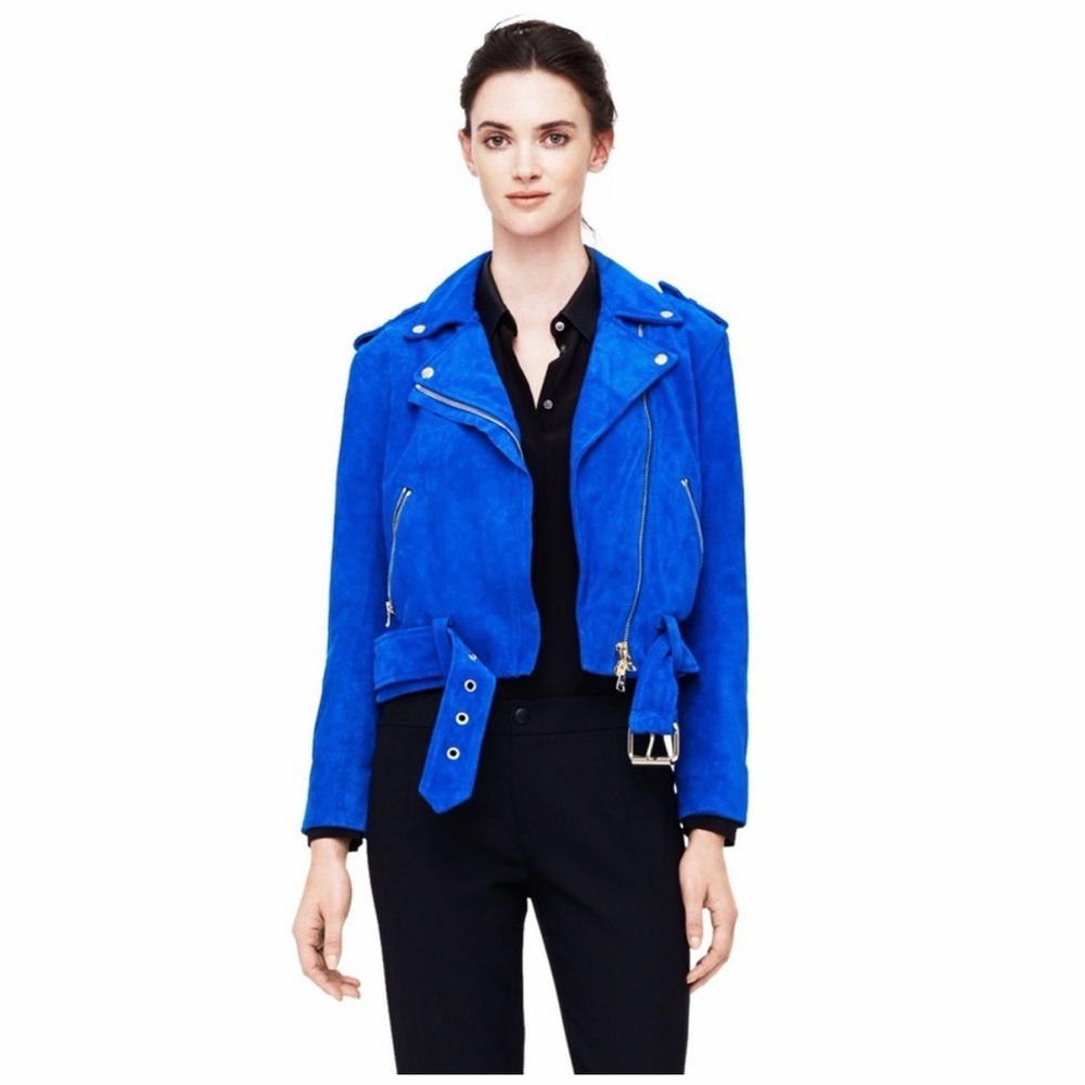 Club Monaco Women’s Blue‎ Suede Moto Cropped Jacket, Size XS
